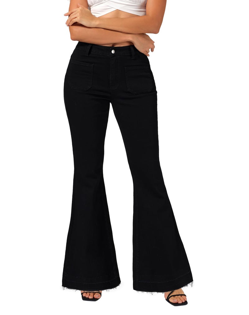 roswear Bell Bottom Jeans for Women High Waist Stretchy Flare Jeans Denim Trousers Pants Black Large - Image 1
