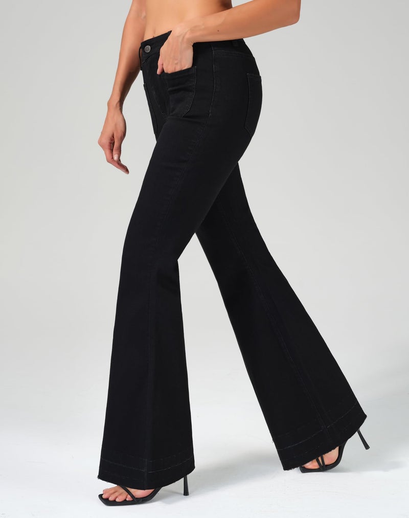 roswear Bell Bottom Jeans for Women High Waist Stretchy Flare Jeans Denim Trousers Pants Black Large - Image 2