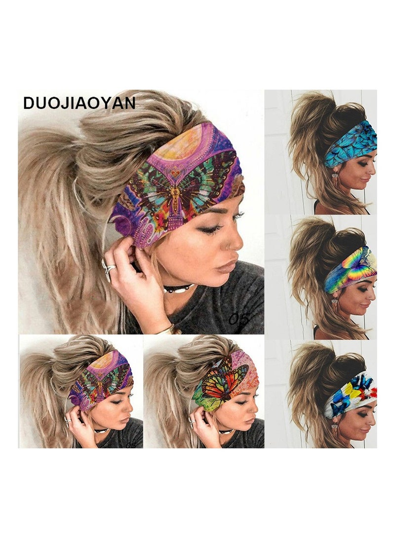 Colorful butterfly print elastic headscarf yoga running sports headband sweat-absorbent headscarf women's headwear (5 pieces) - Image 1
