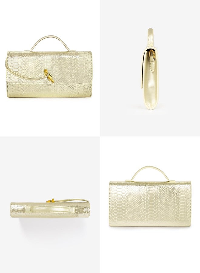 Joryin Woven Purse for Women Evening Clutch Woven Leather Handbags Crossbody Bag Formal Evening Bag, Golden Croco, 13 cm (H) x 31 cm (L) x 4 cm (W) - Image 3