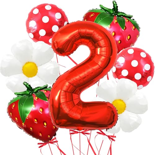 Corabsar Strawberry Balloons Second Birthday Decorations for Girl 40 Inch Mylar Red Number 2 Balloons Strawberry Balloon for Strawberry Party Decorations Strawberry Birthday Decorations - Image 1