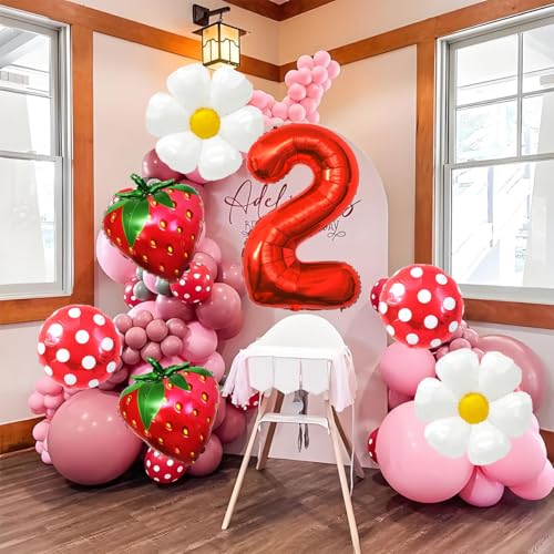 Corabsar Strawberry Balloons Second Birthday Decorations for Girl 40 Inch Mylar Red Number 2 Balloons Strawberry Balloon for Strawberry Party Decorations Strawberry Birthday Decorations - Image 5