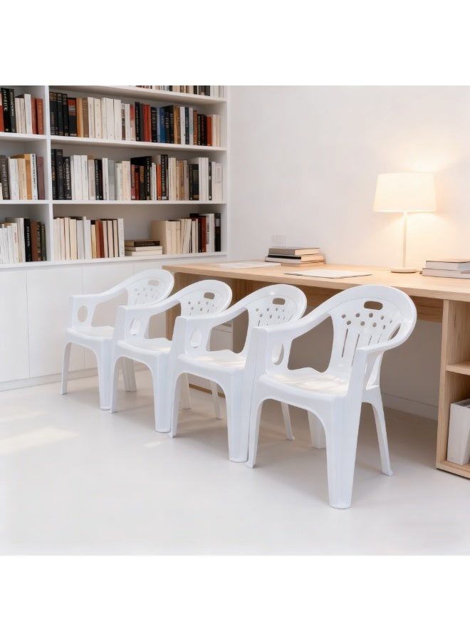 كرسي طعام بلاستيكي أبيض، كرسي بلاستيكي قابل للتكديس مع مسند للذراعين لغرفة الطعام وغرفة المعيشة والمطبخ والأماكن الخارجية، مجموعة من 4 كراسي - Image 2