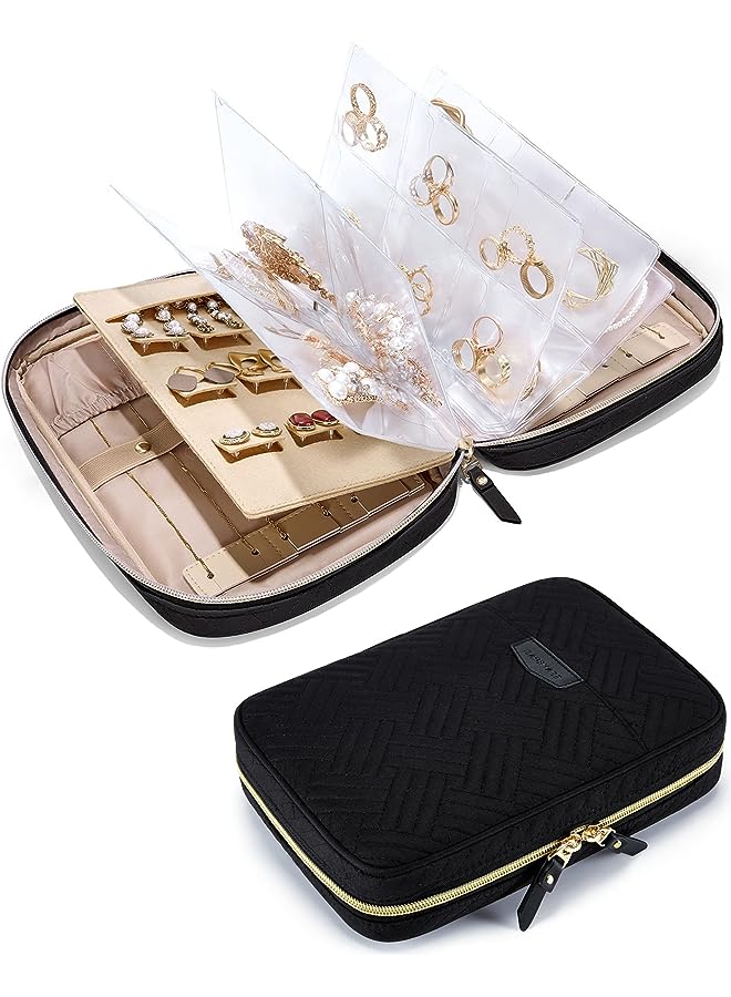Excefore Jewelry Organizer Case Travel Jewelry Storage Bag Clear Booklet Zipper Pouch Bag for Necklace, Earrings, Rings, Bracelet, Soft Black - Image 1