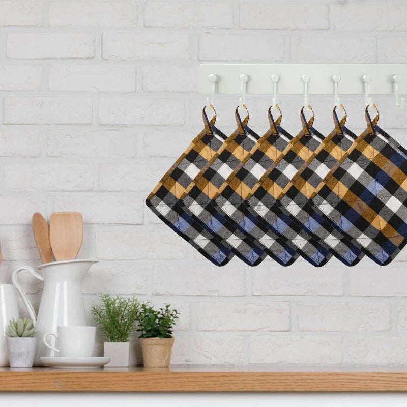 E-Retailer ERetailer Heat Resistant Padded Cotton Kitchen Pot HolderOven Mitten for Microwave 6 Piece Color Check Blue Size8x8 Inch  - Image 1