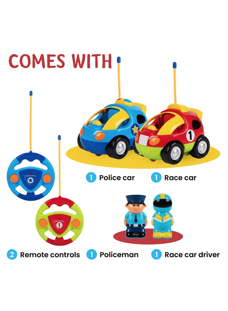 كابتن تيك مجموعة من 2 سيارة كرتونية تعمل بالتحكم عن بعد - سيارة شرطة وسيارة سباق - ألعاب تعمل بالتحكم عن بعد للأطفال، الأولاد والبنات - كل منها بترددات مختلفة حتى يتمكن كلاهما من السباق معًا - هدايا للأولاد ا - Image 3