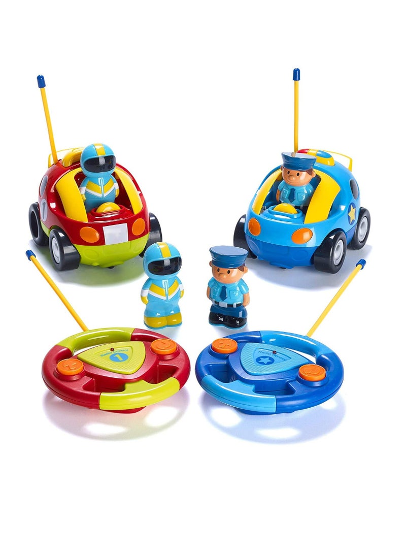 كابتن تيك مجموعة من 2 سيارة كرتونية تعمل بالتحكم عن بعد - سيارة شرطة وسيارة سباق - ألعاب تعمل بالتحكم عن بعد للأطفال، الأولاد والبنات - كل منها بترددات مختلفة حتى يتمكن كلاهما من السباق معًا - هدايا للأولاد ا - Image 2