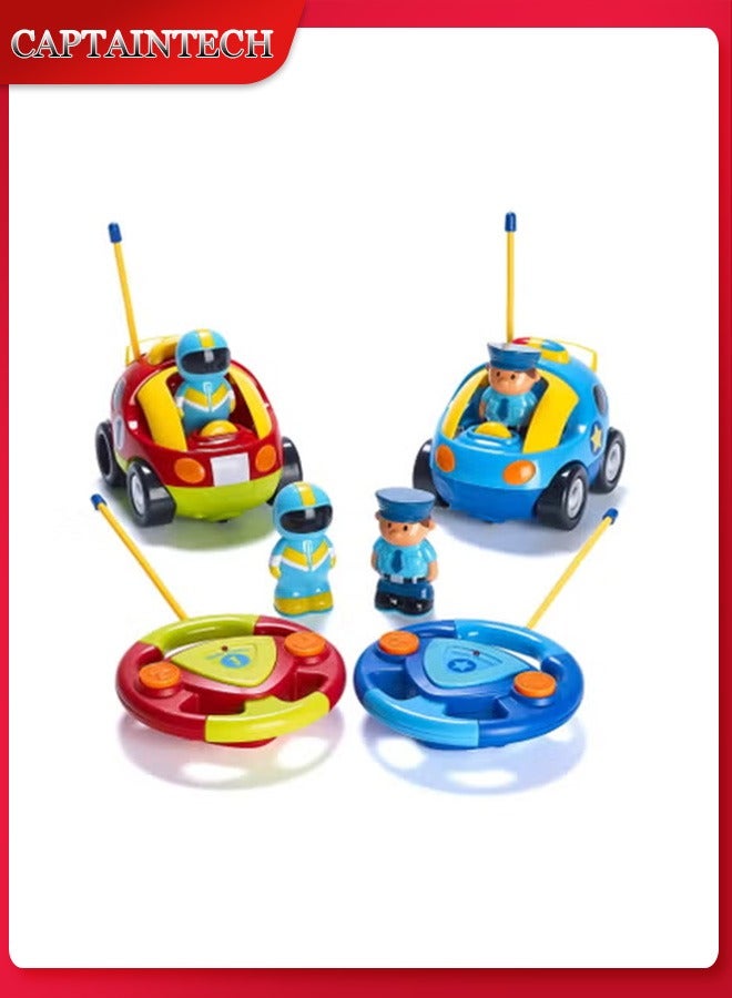 كابتن تيك مجموعة من 2 سيارة كرتونية تعمل بالتحكم عن بعد - سيارة شرطة وسيارة سباق - ألعاب تعمل بالتحكم عن بعد للأطفال، الأولاد والبنات - كل منها بترددات مختلفة حتى يتمكن كلاهما من السباق معًا - هدايا للأولاد ا - Image 1
