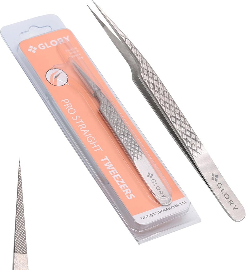 Glory Precision Fiber Tips Perfect Tweezers for Isolation and Classic Eyelash Extensions Stainless Steel Pro Straight Tip AntiSlip AntiStatic Diamond Grip Eyelash Tweezers