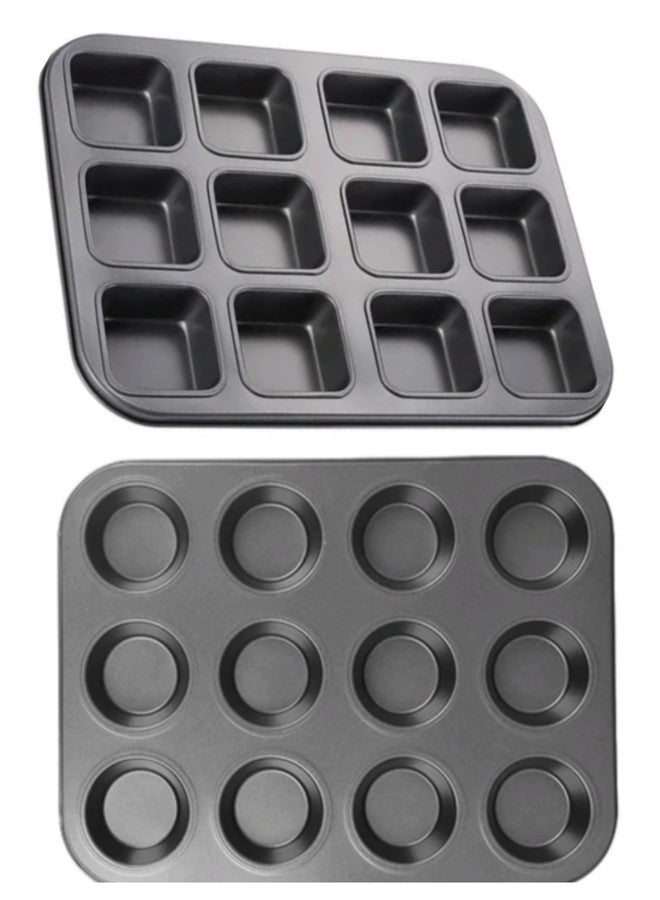 SHOAIB 12-Slots Square and Round Shape Baking Trays for Brownies, Muffins, Cupcakes, Mini Loaf Pan 2-Pieces Nonstick Baking Tray Combo - Image 1