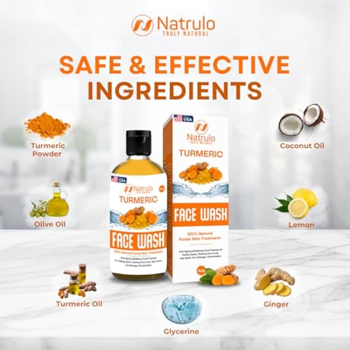 Natrulo Turmeric Face Wash, 4oz Clear Skin Liquid Soap – 100% Natural Anti Aging Exfoliating Turmeric Facial Cleanser for Fading Spots, Clearing Acne Scars, Age Spots, Sun Damage, Discoloration - Image 5
