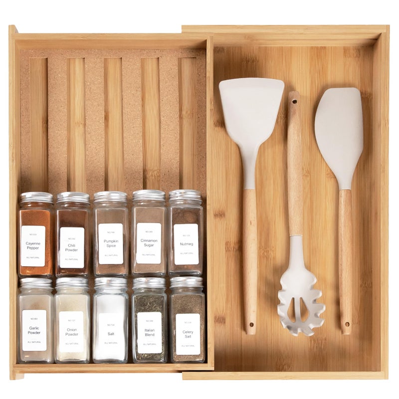 KitchenEdge Spice Drawer Organizer with Expandable Storage Holds up to 15 Spice Jars Not Included NonSlip Feet Kitchen Accessory Storage 100 Sustainable Bamboo Wood