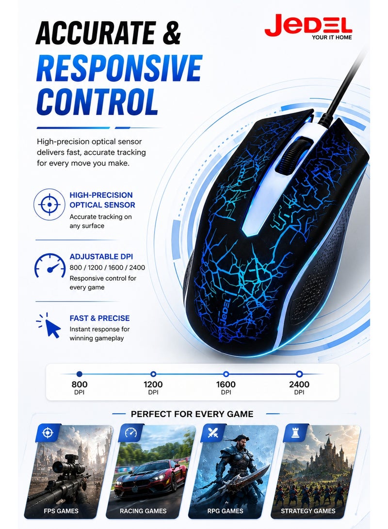 JeDEL M68 High Precision USB Gaming Mouse | LED Backlit Wired Mouse | Comfortable Ergonomic Design for Desktop & Laptop - Image 5