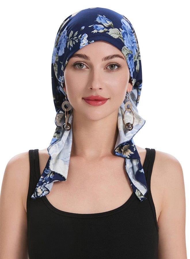 ZLYC Women's Chemo Turban Hat, Pre-Tied Headscarf, Headwraps, Lightweight Hat (Blue Rose Navy), One Size - Image 3