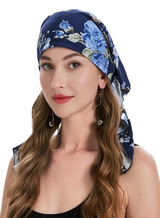 ZLYC Women's Chemo Turban Hat, Pre-Tied Headscarf, Headwraps, Lightweight Hat (Blue Rose Navy), One Size - Image 1