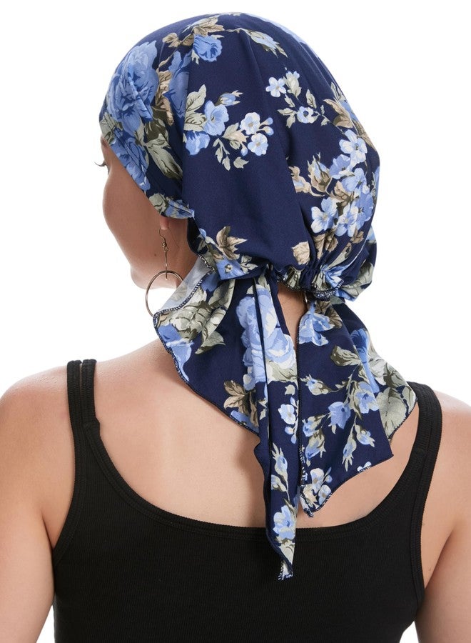 ZLYC Women's Chemo Turban Hat, Pre-Tied Headscarf, Headwraps, Lightweight Hat (Blue Rose Navy), One Size - Image 5
