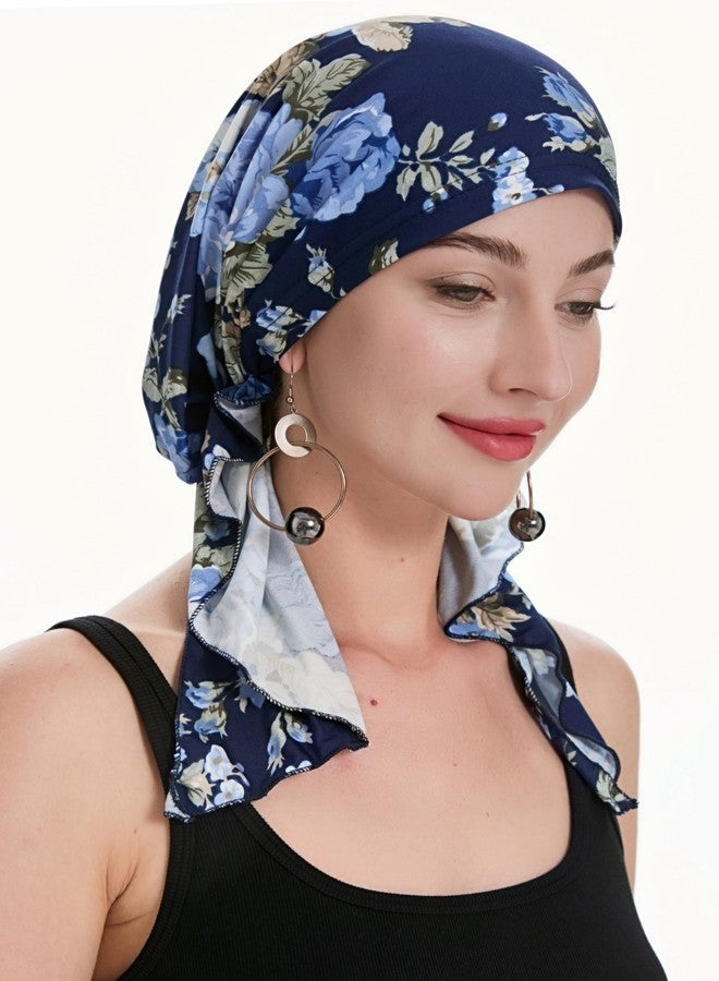 ZLYC Women's Chemo Turban Hat, Pre-Tied Headscarf, Headwraps, Lightweight Hat (Blue Rose Navy), One Size - Image 4