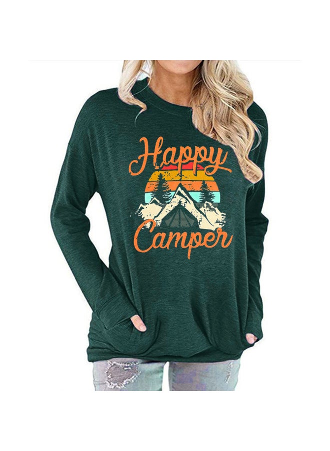 Carney Women's Pocket Sweater Happy Camper Printed Round Neck Long Sleeve T-shirt