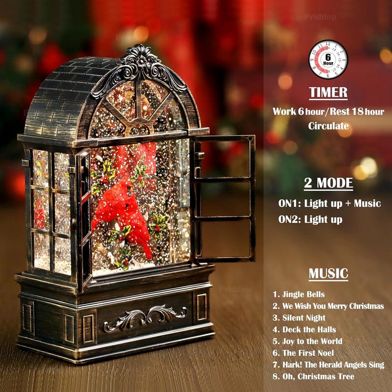 Priddop Cardinal Snow Globe Christmas Decorations Gifts Arched Window Shape USB/Battery Timer Music Glitter Snowfall Lantern Cardinal Decor 9 inch - Image 4