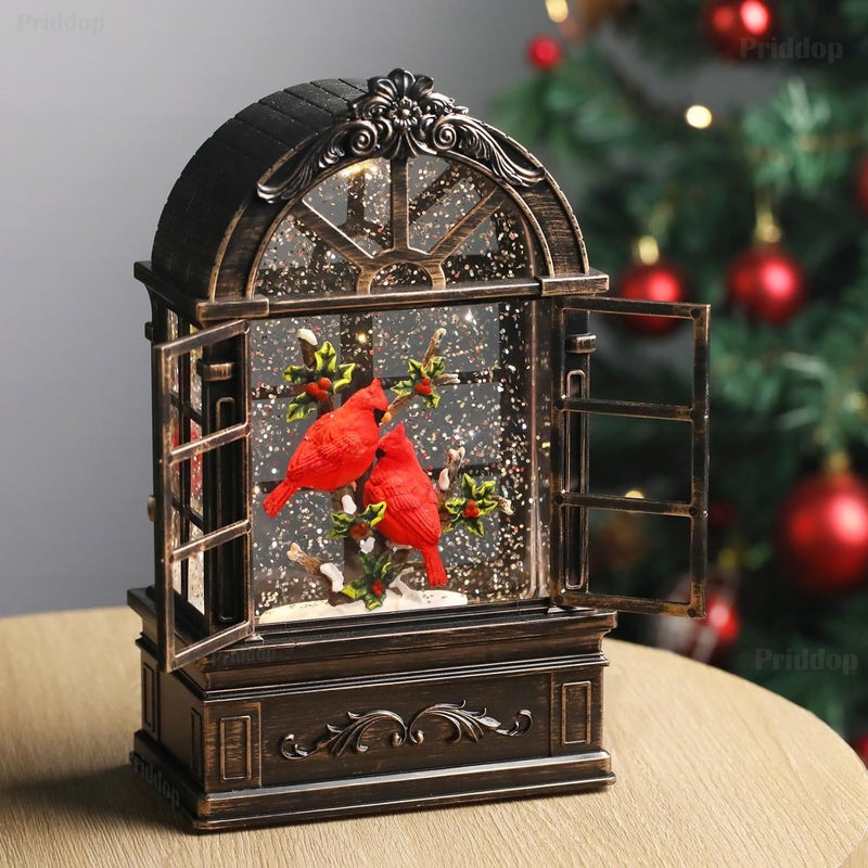 Priddop Cardinal Snow Globe Christmas Decorations Gifts Arched Window Shape USB/Battery Timer Music Glitter Snowfall Lantern Cardinal Decor 9 inch - Image 2