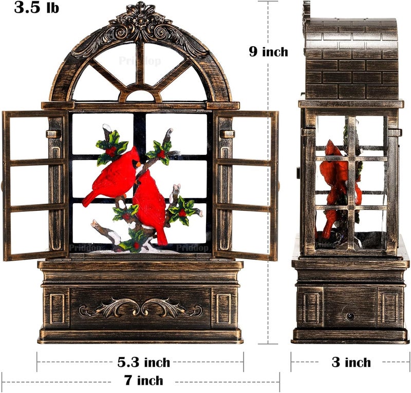 Priddop Cardinal Snow Globe Christmas Decorations Gifts Arched Window Shape USB/Battery Timer Music Glitter Snowfall Lantern Cardinal Decor 9 inch - Image 5
