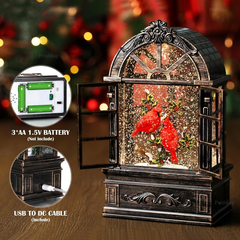 Priddop Cardinal Snow Globe Christmas Decorations Gifts Arched Window Shape USB/Battery Timer Music Glitter Snowfall Lantern Cardinal Decor 9 inch - Image 3
