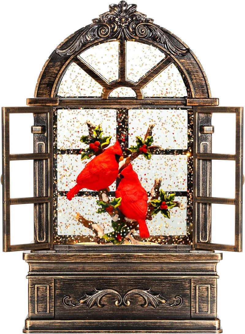 Priddop Cardinal Snow Globe Christmas Decorations Gifts Arched Window Shape USB/Battery Timer Music Glitter Snowfall Lantern Cardinal Decor 9 inch - Image 1