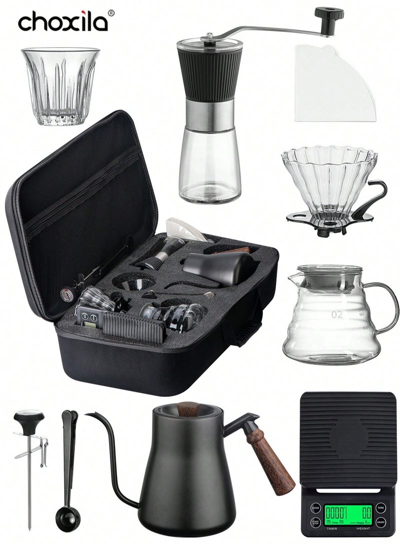 choxila V60 Coffee Set, Pour Over Coffee Set, V60 Drip Coffee Kit with Portable Carry Case, Large Capacity 850ml   Coffee Kettle with Thermometer, Drip Filter Coffee Pot, Filters, Coffee Scale, Double wall Mug, Manual   Coffee Grinder - Image 1
