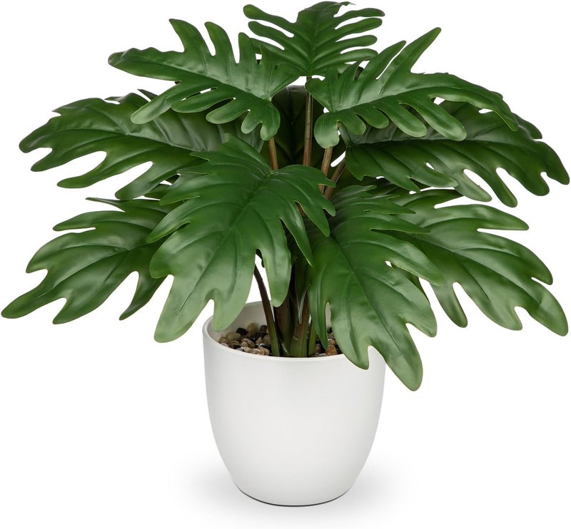Villa Como 28cm Artificial Monstera Plant Potted, Artificial Plant Fake Tropical Plant in White Pot Indoor Outdoor Home Bathroom Living Room Office Desk Shelf - Image 1