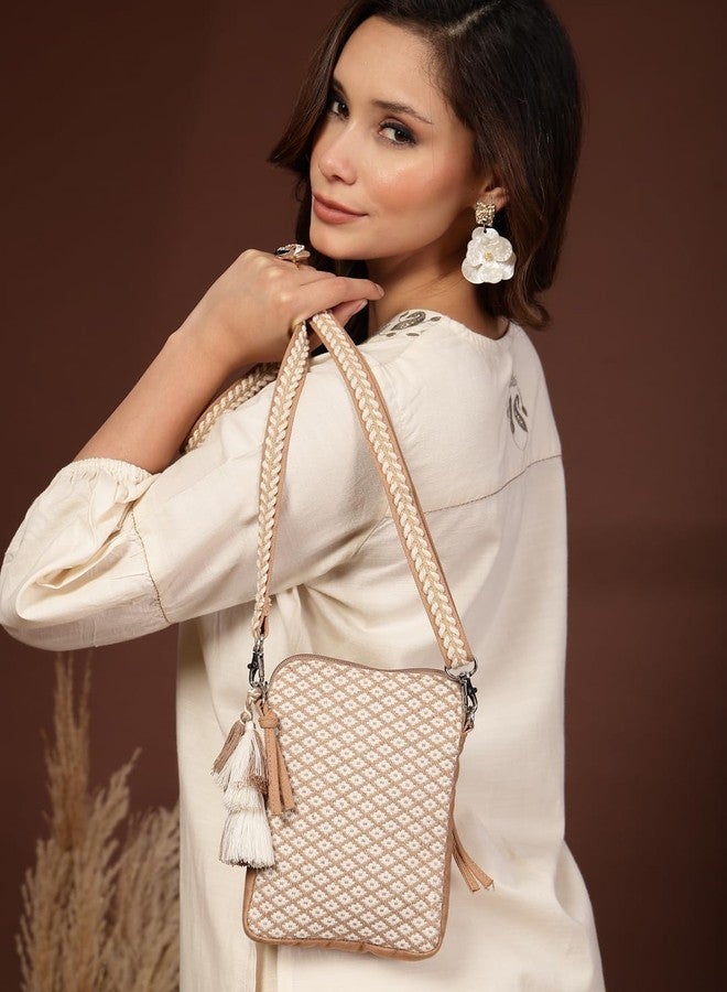 Anekaant Earth Edit Beige Jacquard Geometric Mini Sling Bag - Image 2
