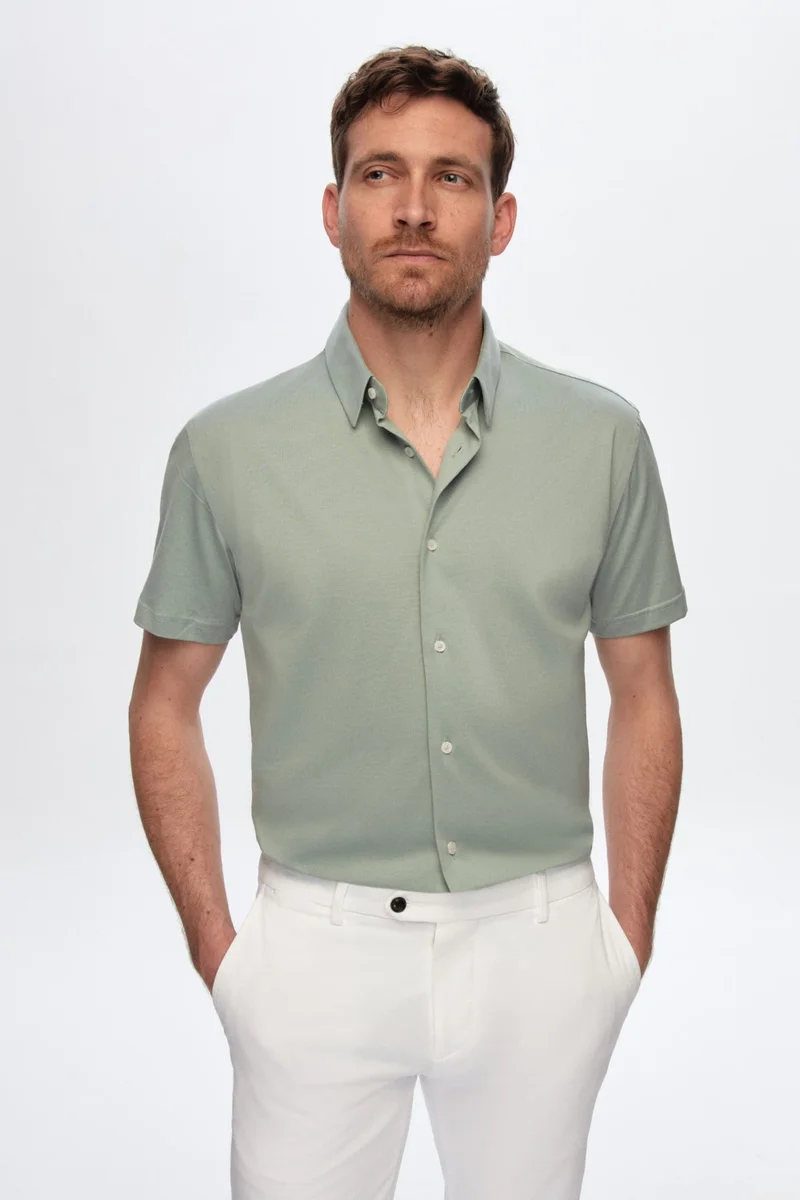 Damat D'S Groom Slim Fit Green Plain Loro Piana Knit Shirt 2DF02LP30142M