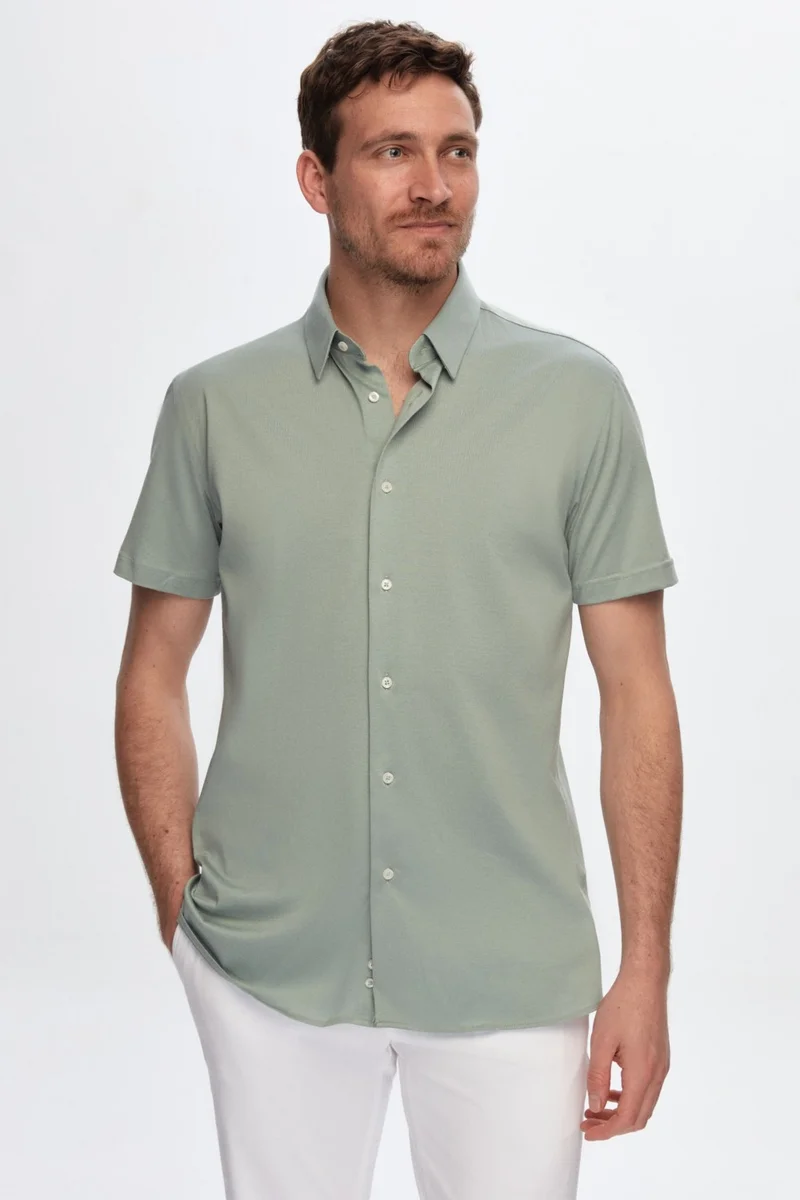 Damat D'S Groom Slim Fit Green Plain Loro Piana Knit Shirt 2DF02LP30142M