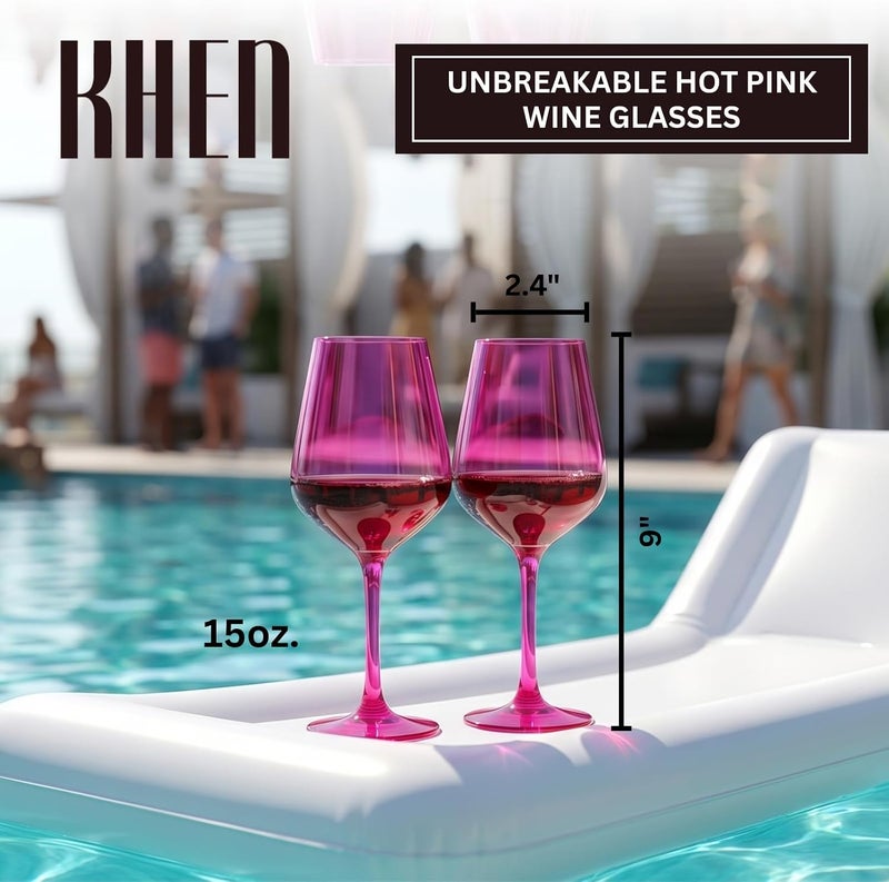 Khen Unbreakable Hot Pink Wine Glasses, Pool Floating | Set of 2 | Tritan Drinkware, Unbreakable Colored Magenta & Blush Pink Classic, Glasses Shatterproof BPA-free plastic Red & White 15oz - Image 2