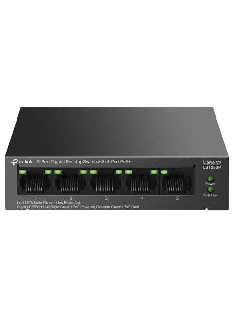 TP-Link 5-Port Gigabit Desktop Ethernet Switch with 4-Port PoE+, 65 W PoE Budget, PoE Auto Recovery, Plug & Play, Metal Case, Ideal for IP Surveillance & Network Security (LS105GP)