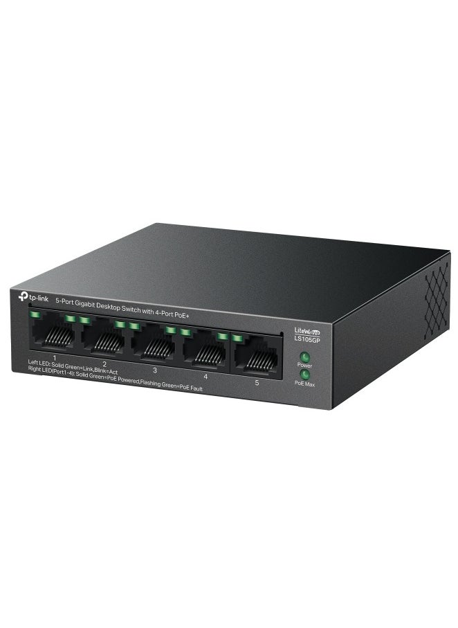 TP-Link 5-Port Gigabit Desktop Ethernet Switch with 4-Port PoE+, 65 W PoE Budget, PoE Auto Recovery, Plug & Play, Metal Case, Ideal for IP Surveillance & Network Security (LS105GP)