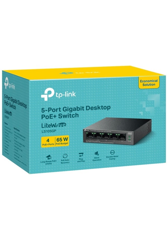 TP-Link 5-Port Gigabit Desktop Ethernet Switch with 4-Port PoE+, 65 W PoE Budget, PoE Auto Recovery, Plug & Play, Metal Case, Ideal for IP Surveillance & Network Security (LS105GP)