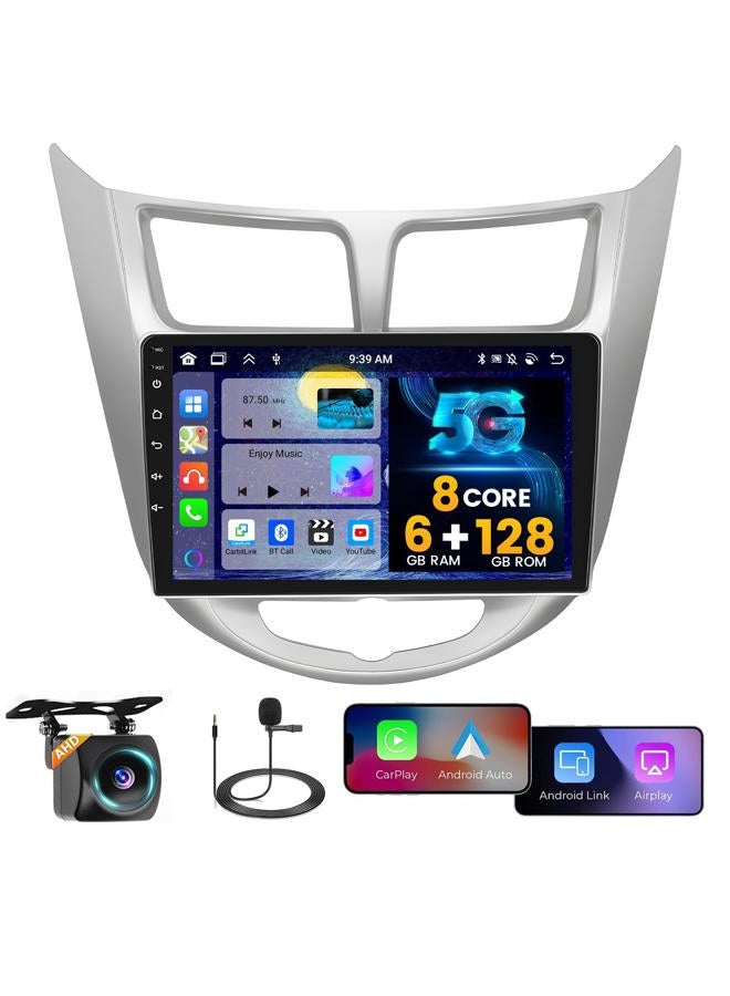 Hikity 8Core 6+128G 1280 * 720 Car Radio for Hyundai Verna Accent Solaris 2010-2016 Wireless Carplay Android Auto DSP, 9 Inch Android 13 Touchscreen BT 5.0 Stereo with GPS/WiFi Dual USB+AHD Backup Camera - Image 1