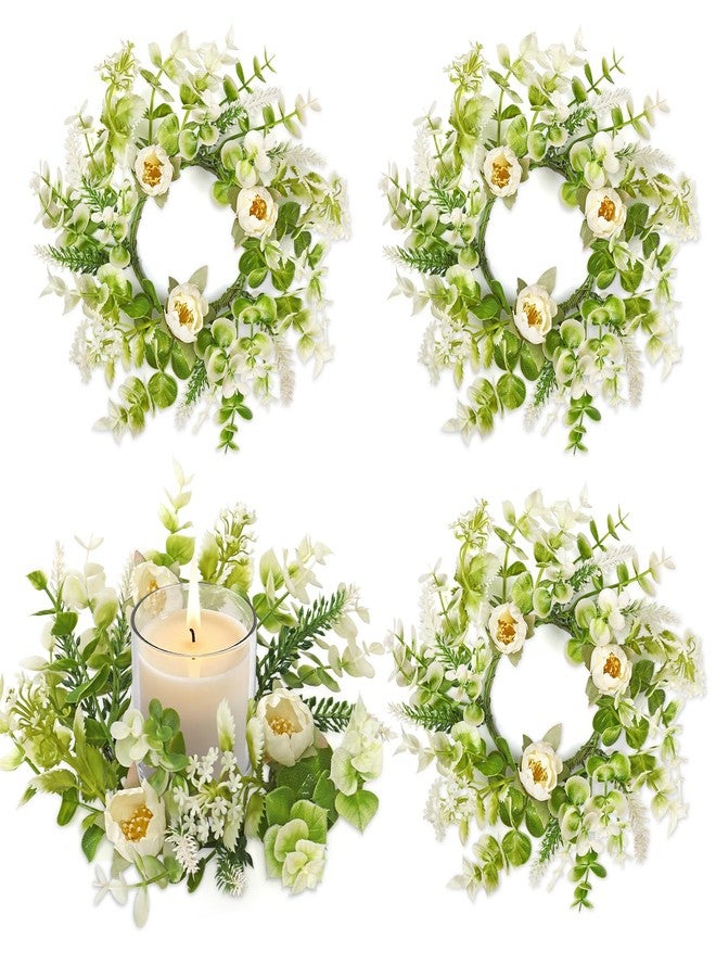 KHOYIME Floral Candle Rings Wreath 4PCS Small Spring Summer White Artificial Flowers Greenery Wreaths for Pillars, Mini Candle Holder Kitchen Cabinets Table Centerpieces Wedding Party Farmhouse Decor - Image 1