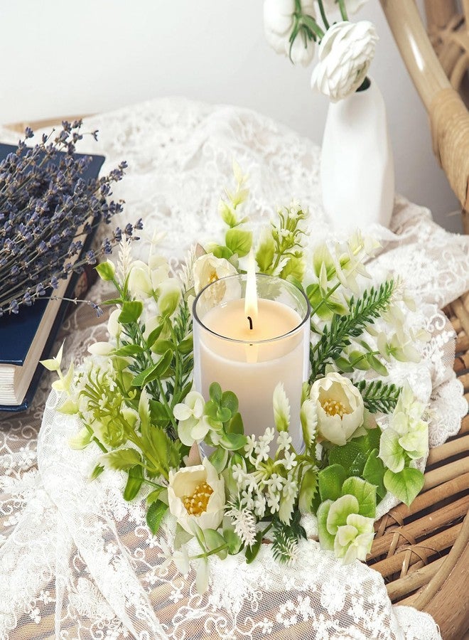 KHOYIME Floral Candle Rings Wreath 4PCS Small Spring Summer White Artificial Flowers Greenery Wreaths for Pillars, Mini Candle Holder Kitchen Cabinets Table Centerpieces Wedding Party Farmhouse Decor - Image 4