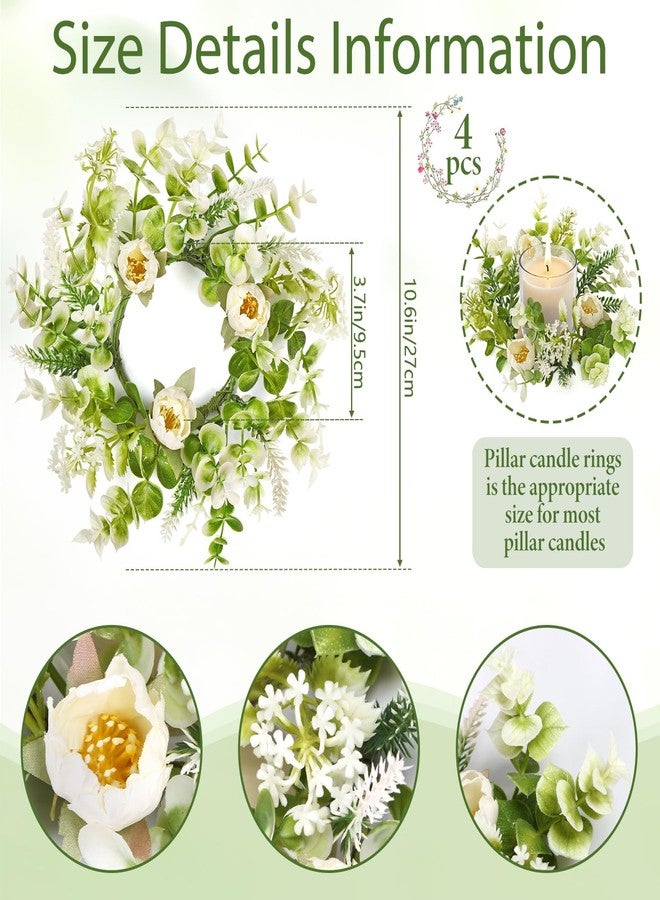 KHOYIME Floral Candle Rings Wreath 4PCS Small Spring Summer White Artificial Flowers Greenery Wreaths for Pillars, Mini Candle Holder Kitchen Cabinets Table Centerpieces Wedding Party Farmhouse Decor - Image 3
