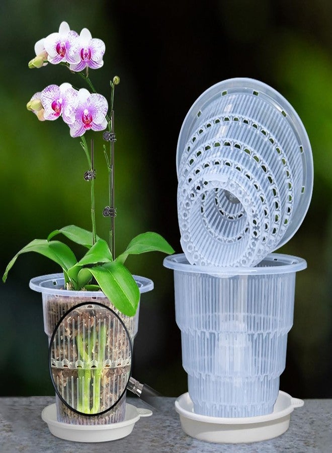 Meshpot 4 inch Clear Orchid Pots with Holes and Saucers for Repotting,Pack of 4,Small Plastic Orchid Planters Provide Good Air Circulation,Nursery Pots for Succulents,Herbs,Aloes,Mint - Image 1