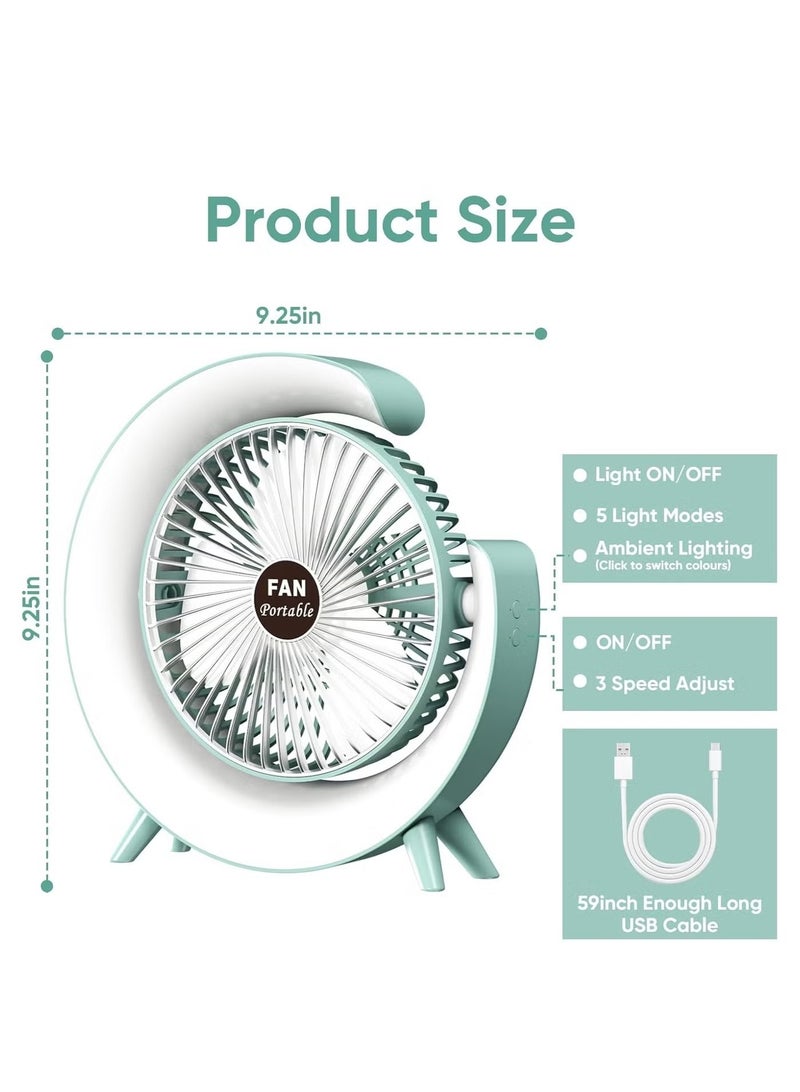 Portable USB Rechargeable Desk Fan with 7-Color LED Night Light, 3-Speed Quiet Operation, 180° Rotation, 20dB Silent Motor – Compact Mini Table Fan for Home, Office, Travel – 4 to 8-Hour Battery Backup, Lightweight & Stylish Design - Image 2