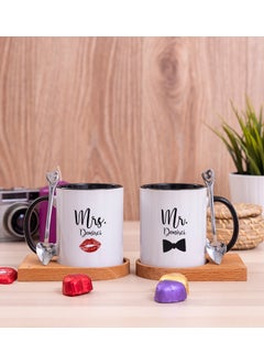 Hediye Dükkanı Gift Shop Personalized Mr Mrs Designed Double Black Mug with Wooden Base 