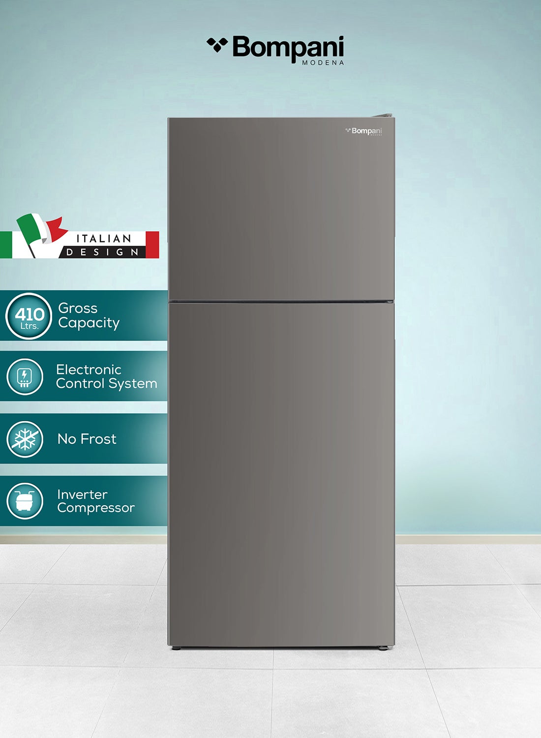 410L Gross Capacity, 298L Net Capacity Double Door NoFrost Refrigerator with LED Interior Lamp, R600a Refrigerant, Electronic Control System, Glass Shelves — Energy-Efficient Cooling Solution in Dark Silver for Modern Homes and Kitchens 473 kW BR410S Dark Silver