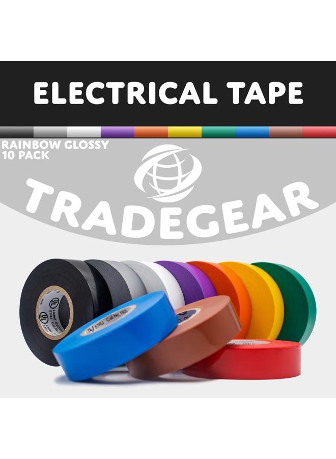 TradeGear شريط كهربائي متنوع بألوان قوس قزح اللامعة - 10 عبوة مقاوم للماء، مقاوم للنيران، لاصق قوي قائم على المطاط، معتمد من UL - مصنف لحد أقصى 600 فولت و 80 درجة مئوية - يقيس 60 قدم × ¾ بوصة × 0.07 بوصة - Image 2