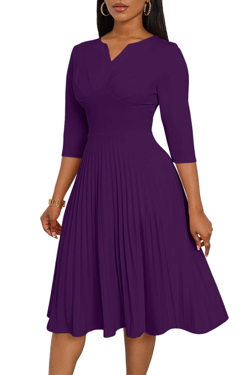 CLOCOR Midi Dresses for Women Casual Wrap Flared Pleated Dress A Line 3/4 Sleeve V Neck Church Cocktail Wedding Guest Dress Deep Purple L - Image 1