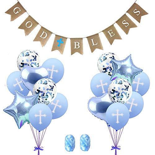 Makarios God Bless Banner Baptism Decorations Boy Confirmation First Communion Cross Balloons Baby Shower - Image 1