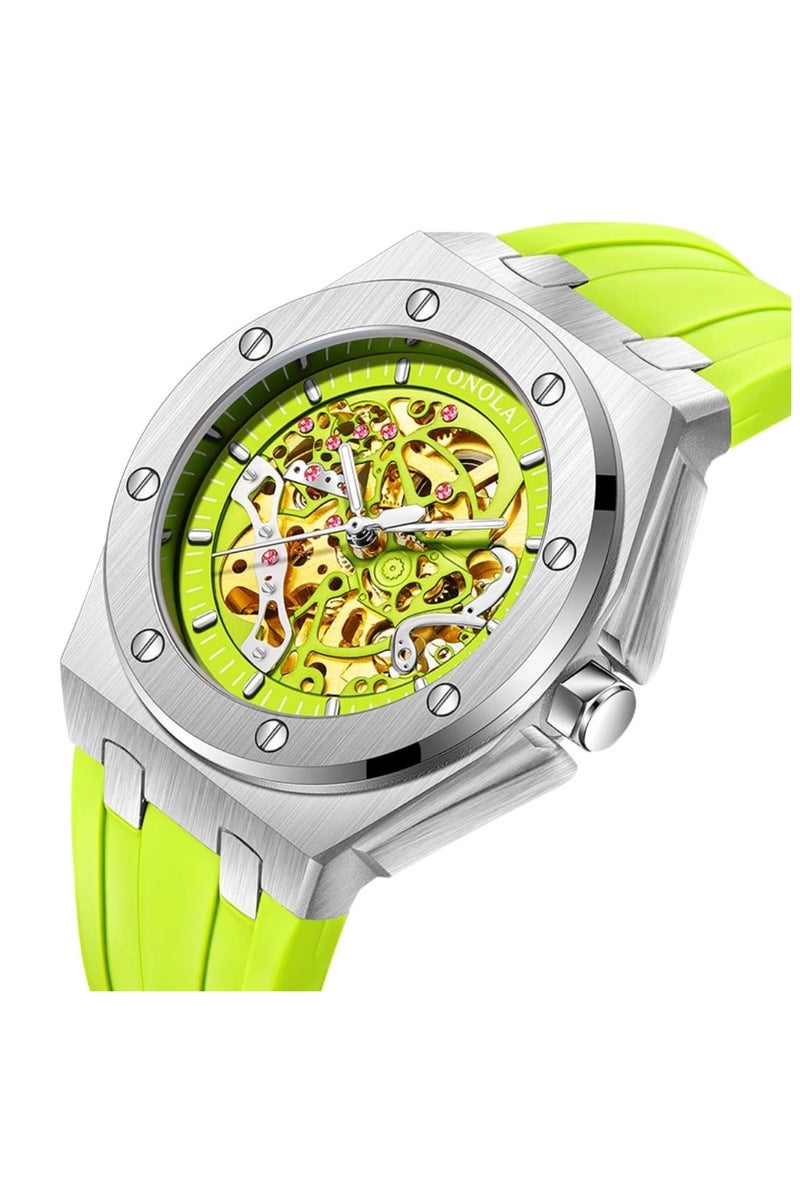 أونولا ساعة ONOLA أوتوماتيكية بدون بطارية، سوار سيليكون ناعم، تصميم هيكل عظمي عصري باللون الأخضر، مقاومة للماء - Image 1