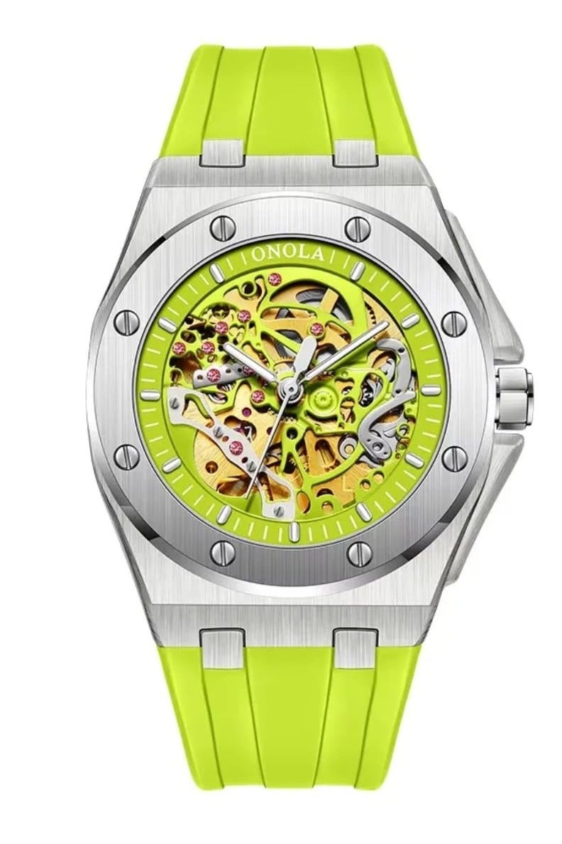 أونولا ساعة ONOLA أوتوماتيكية بدون بطارية، سوار سيليكون ناعم، تصميم هيكل عظمي عصري باللون الأخضر، مقاومة للماء - Image 2