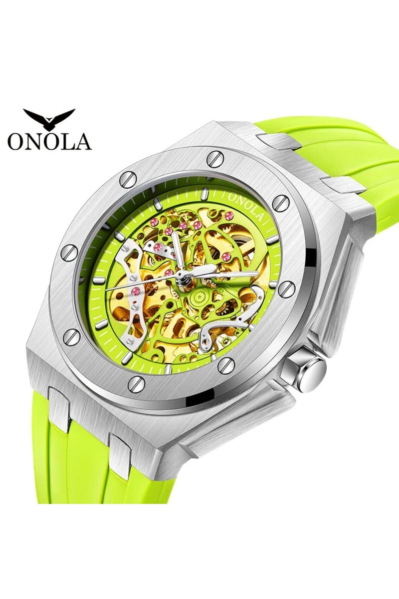 أونولا ساعة ONOLA أوتوماتيكية بدون بطارية، سوار سيليكون ناعم، تصميم هيكل عظمي عصري باللون الأخضر، مقاومة للماء - Image 3